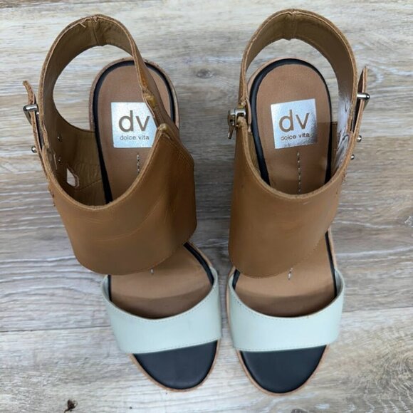 Dolce Vita Cambria Lethar Brown/Cream Open Toe Wedge Heels Women's Size 8 - Picture 2 of 6